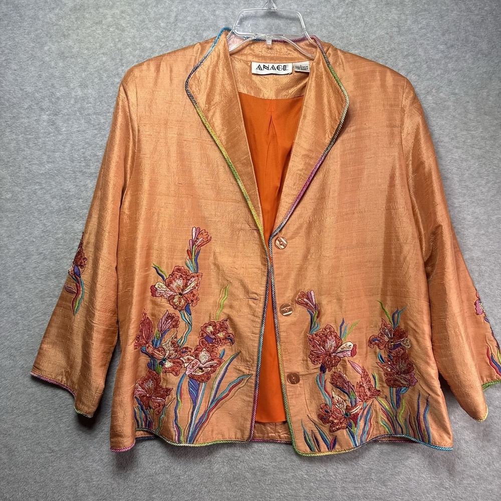 Vintage ANAGE 100% Silk Jacket Orange Beaded Embroidered Tropical Floral Large